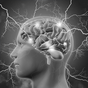 3D male head and brain with lightening